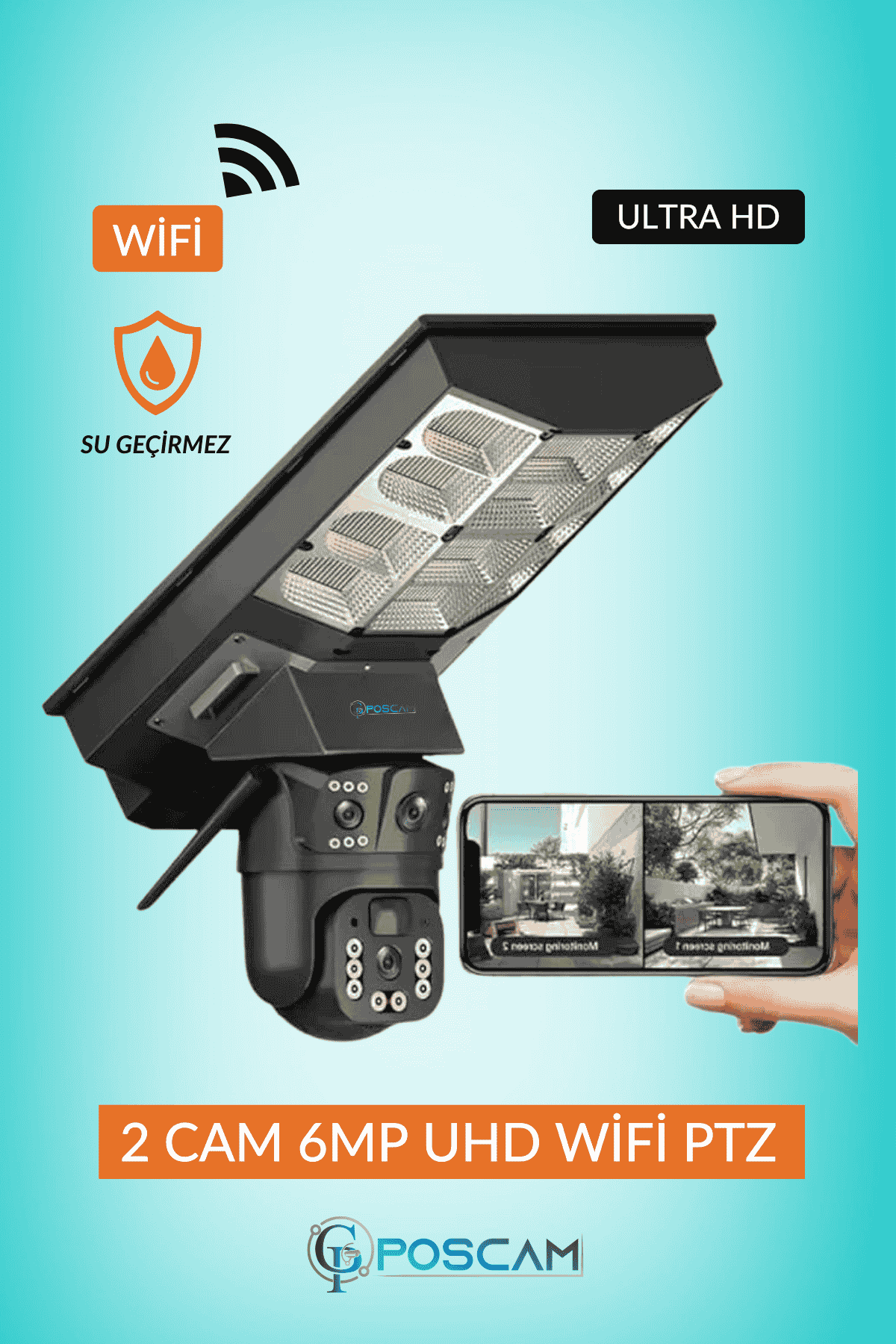 Poscam 6MP Full HD Sokak Aydınlatmalı 20.000 mAh Bataryalı Solar Panelli Wifili Hareket Sensörlü Projektör Kamera