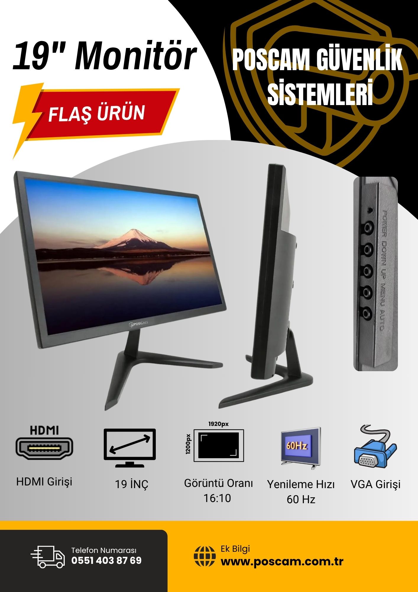19" HD Full Girişli LED Monitör poscam.com.tr