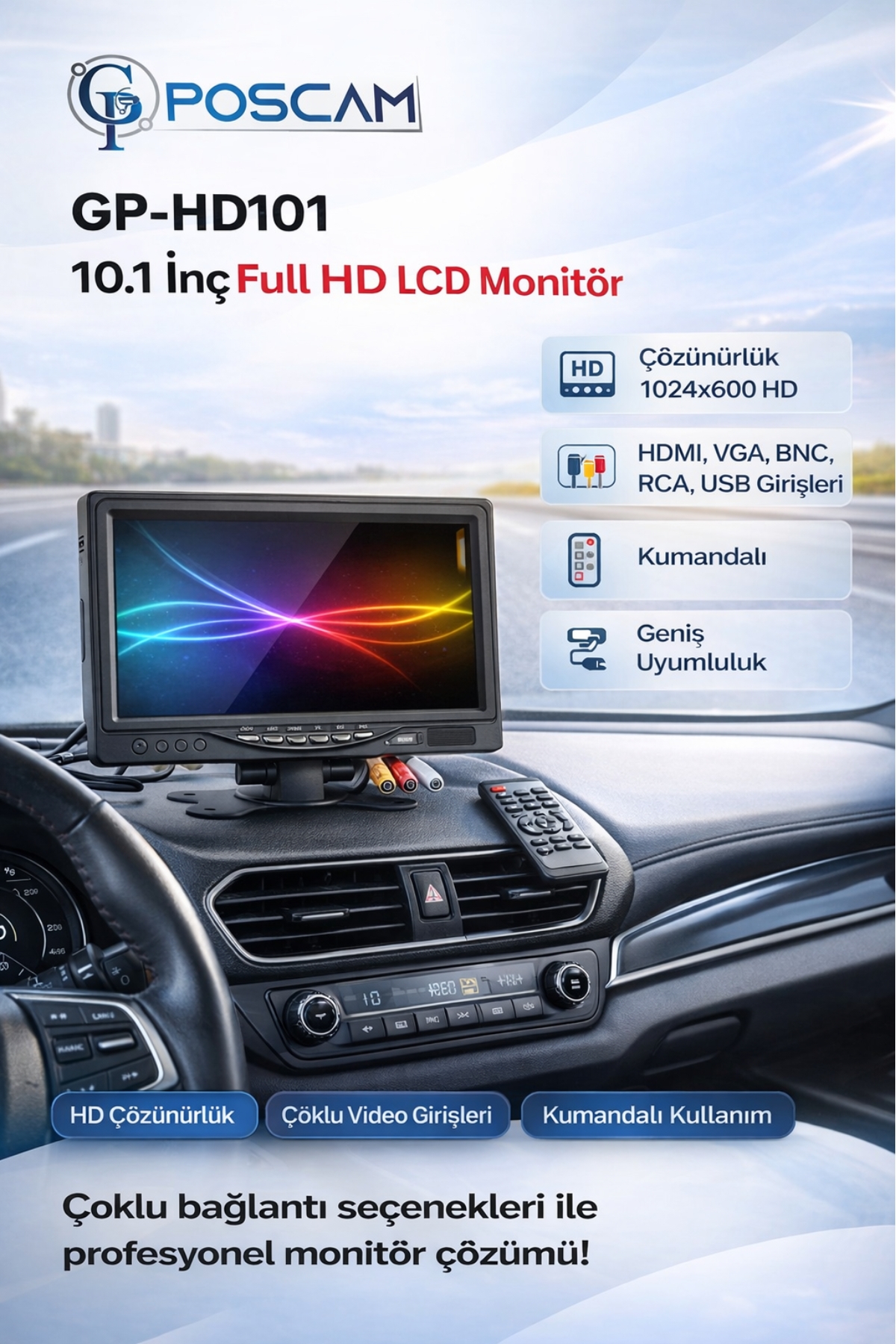10.1 İnç Full HD HDMI AV VGA Girişli Araç Kamerası poscam.com.tr