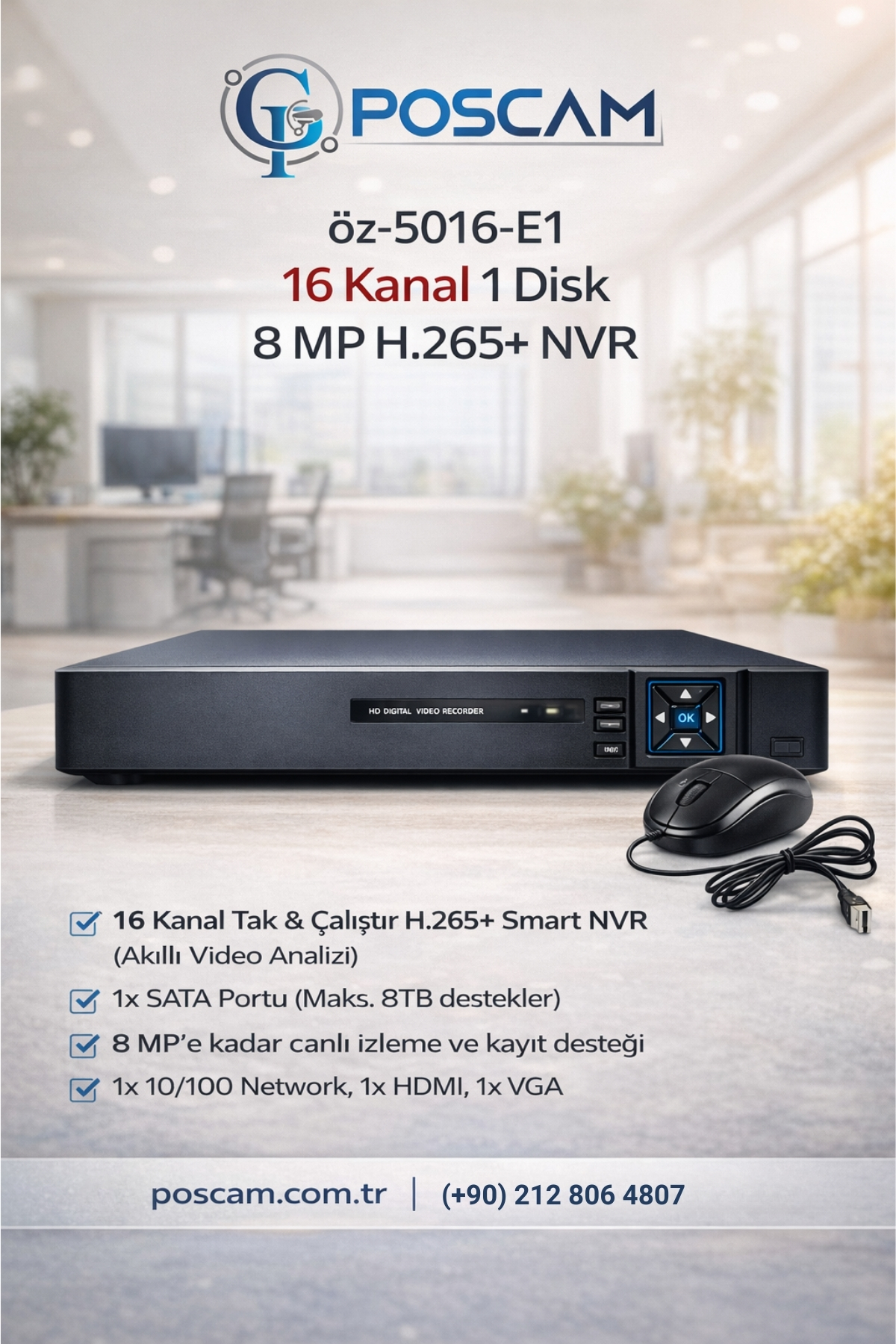 16 Kanal 8MP Full HD H.265+ XMEYE NVR poscam.com.tr