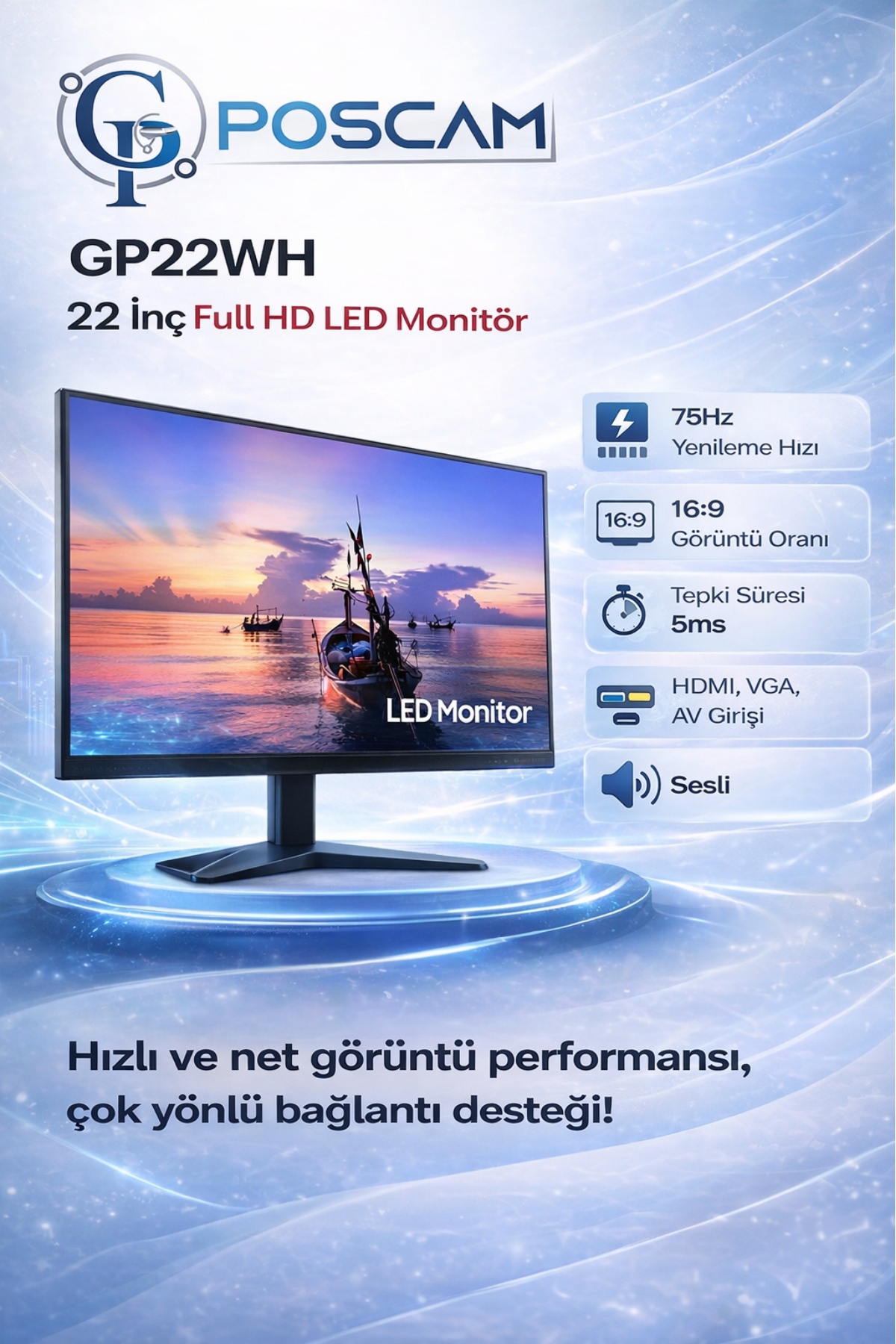 22 İnç Full HD LED Monitör 75Hz, 5ms, HDMI VGA AV Girişli Sesli Ekran poscam.com.tr