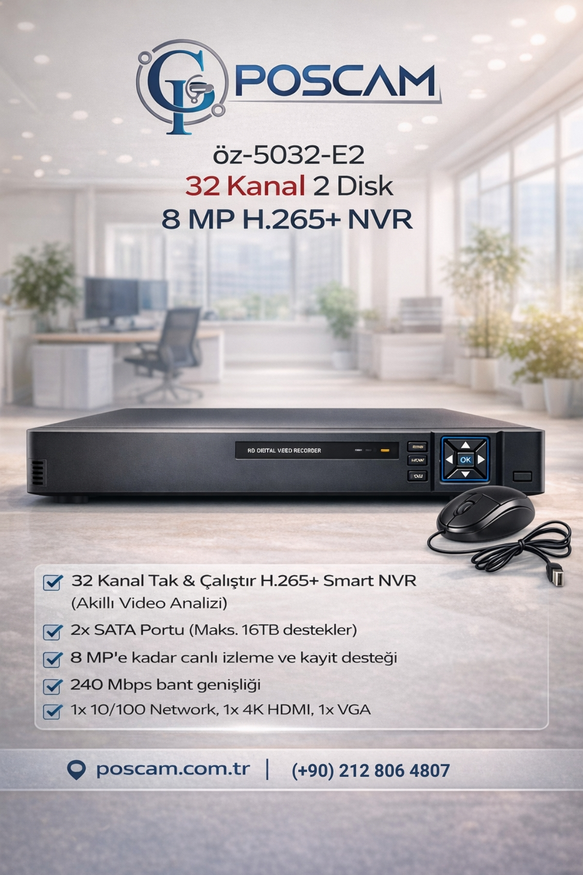 32 Kanal 8MP Full HD H.265+ XMEYE NVR poscam.com.tr