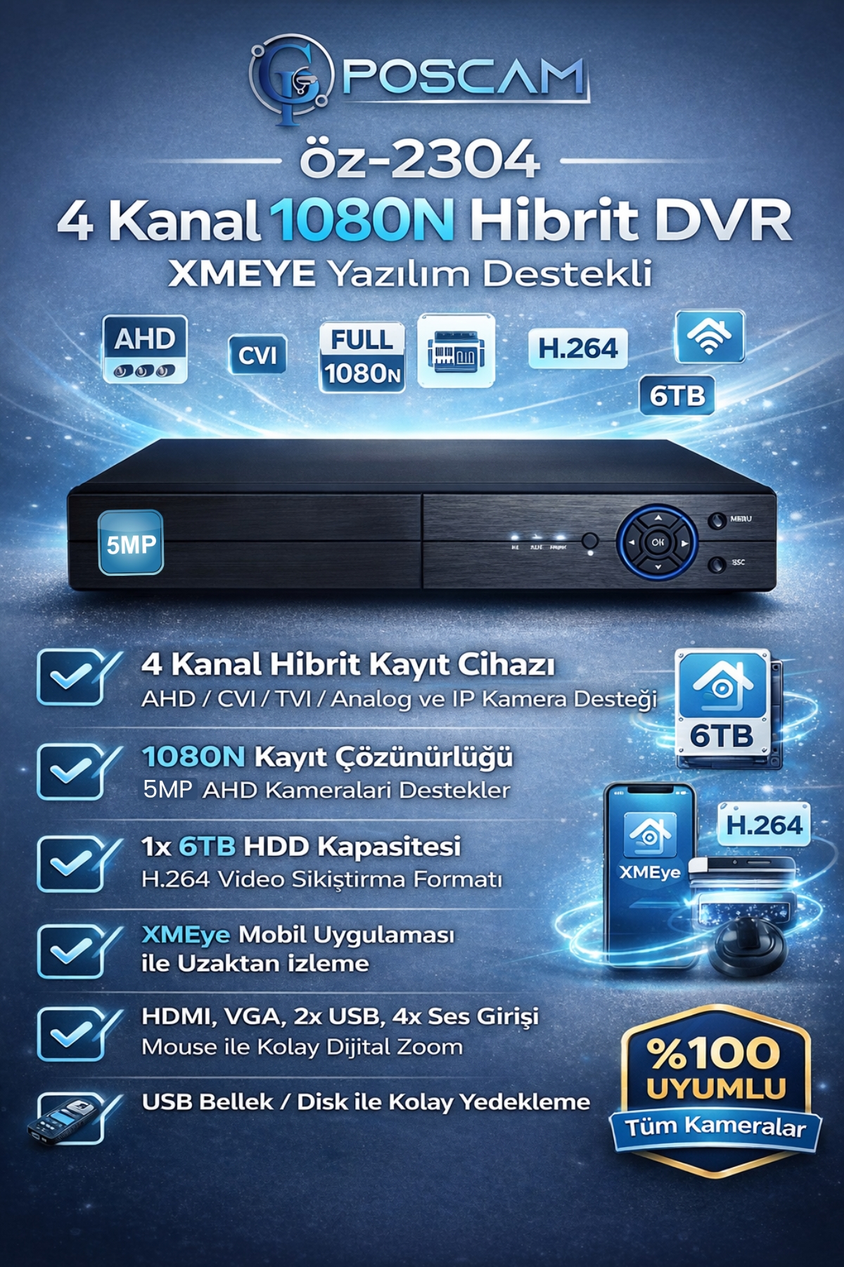 4Kanal 5MP 1080N XMEYE DVR poscam.com.tr