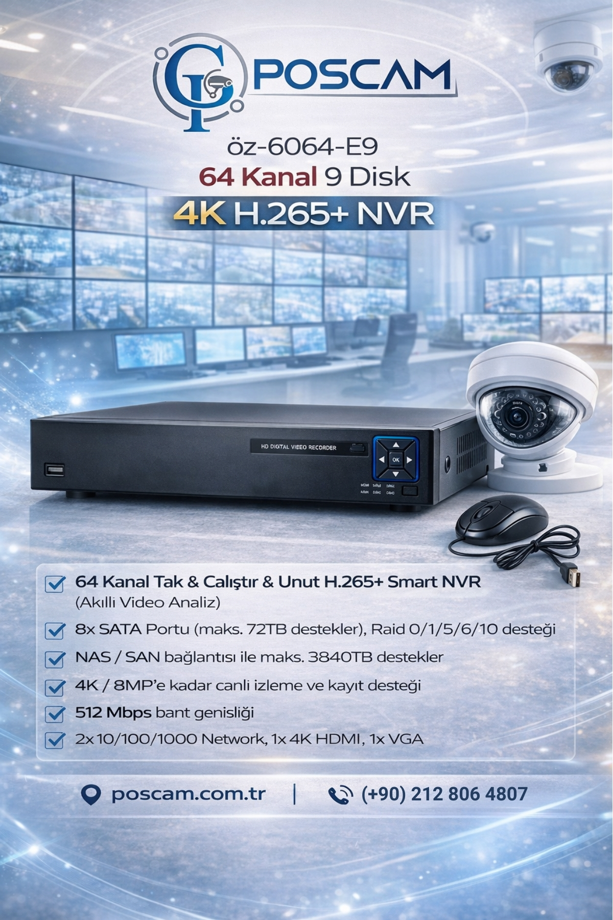 64 Kanal 8MP Full HD H.265+ XMEYE NVR poscam.com.tr