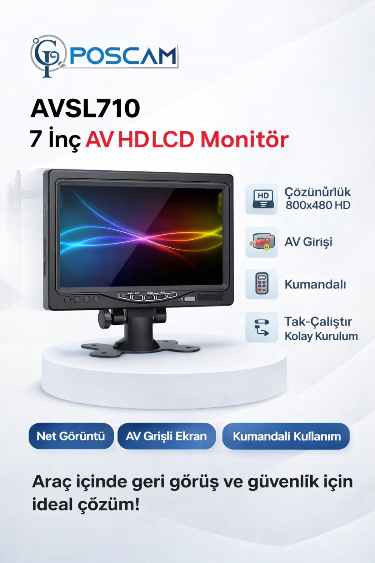 7 İnç HD AV Girişli Araç Monitörü poscam.com.tr