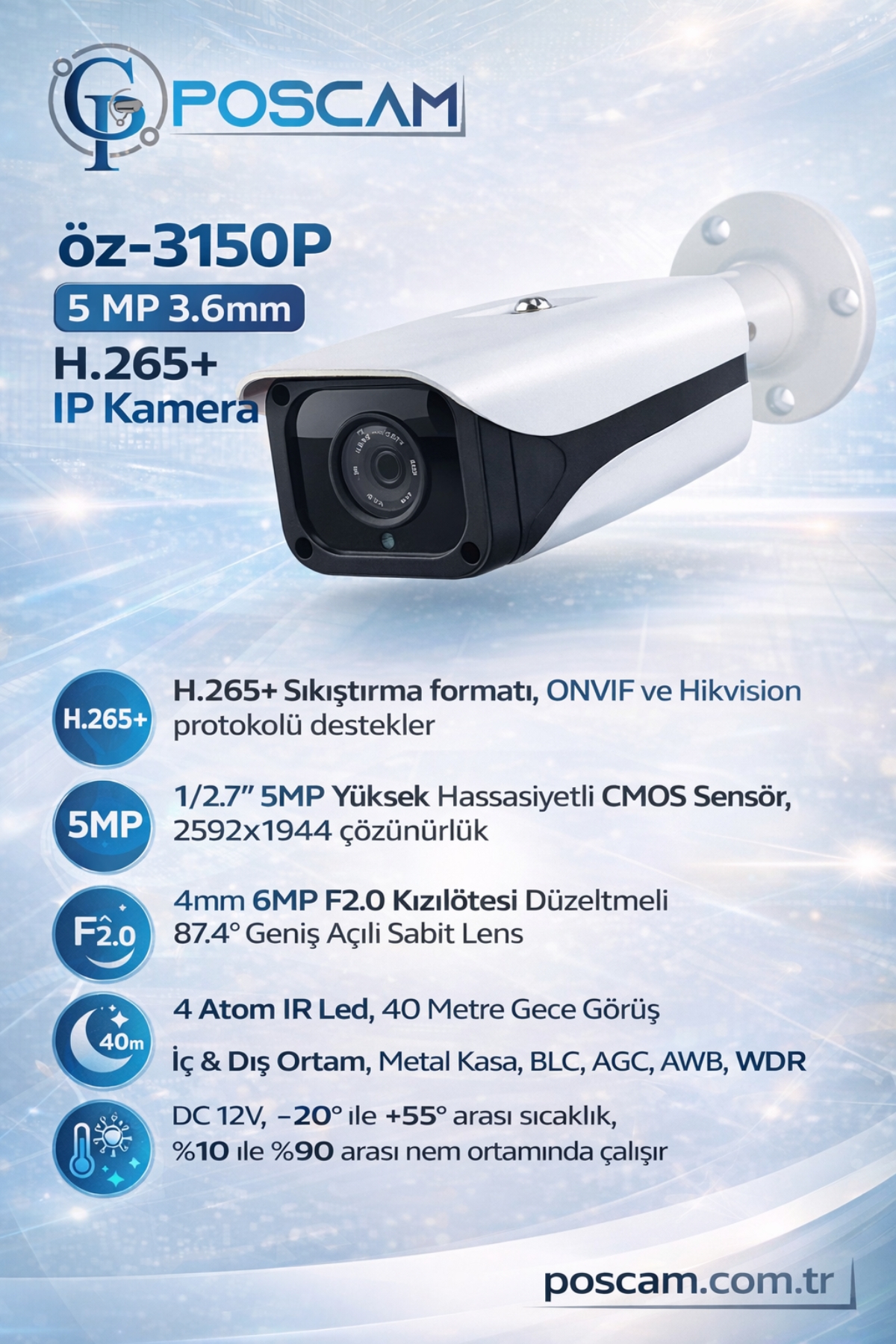 ÖZ-3150P 5MP 3.6mm IP Bullet Kamera poscam.com.tr