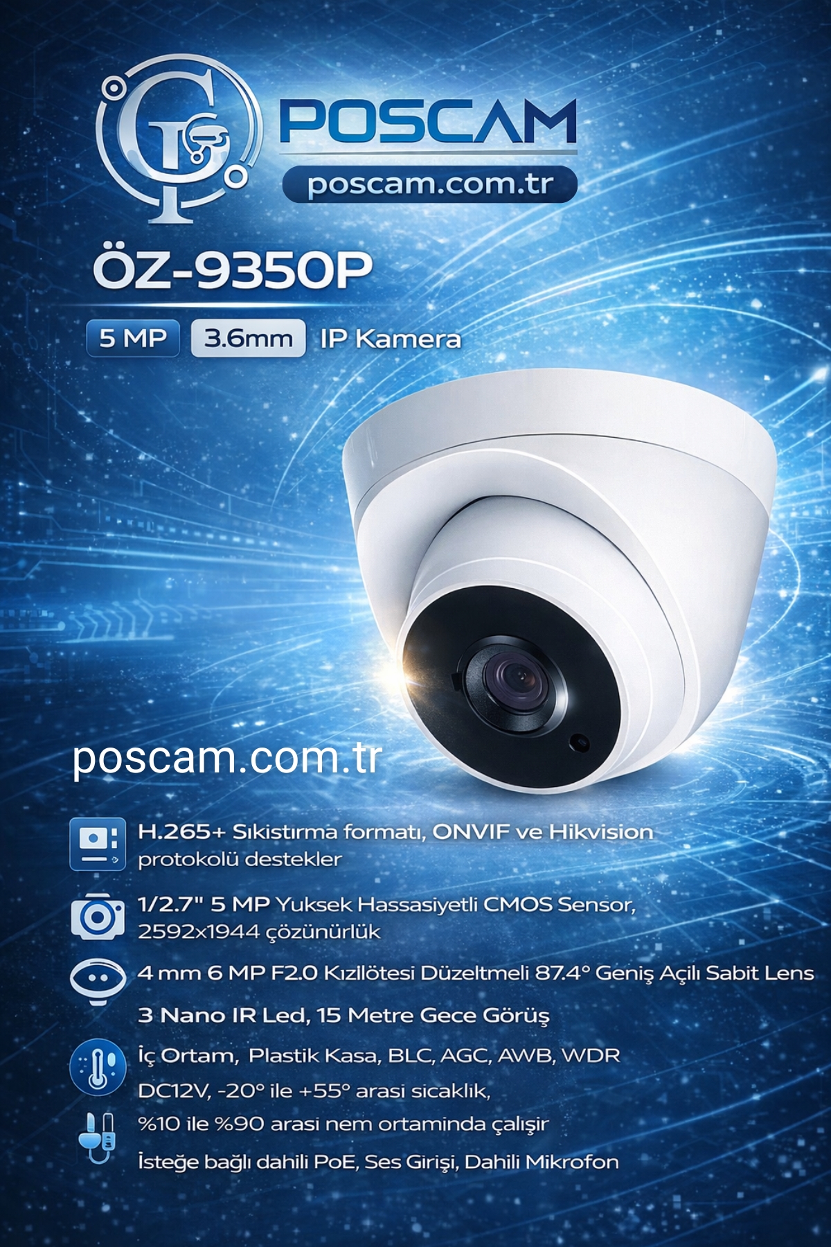 ÖZ-9350P 5MP 3.6mm IP Dome Kamera poscam.com.tr