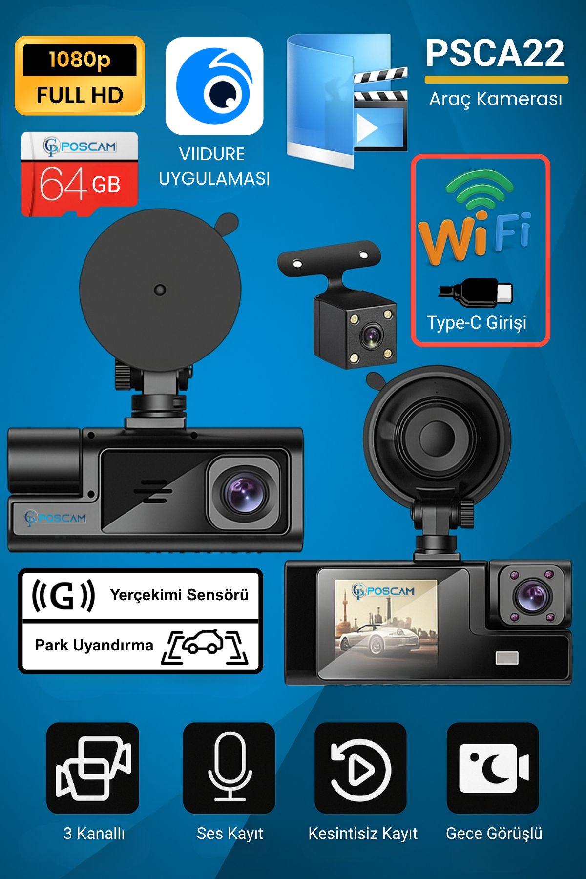 PSCA22 3 Kameralı Full HD Wifi Araç Kamerası poscam.com.tr
