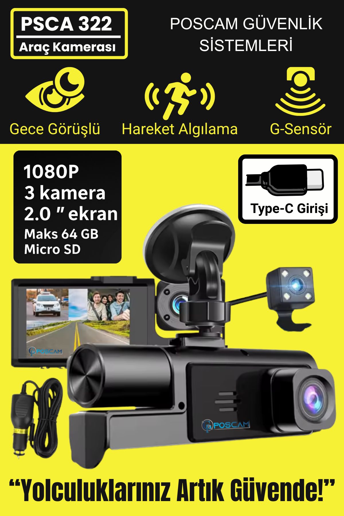 PSCA322 Full HD 3 Kameralı Gece Görüşlü Araç Kamerası poscam.com.tr