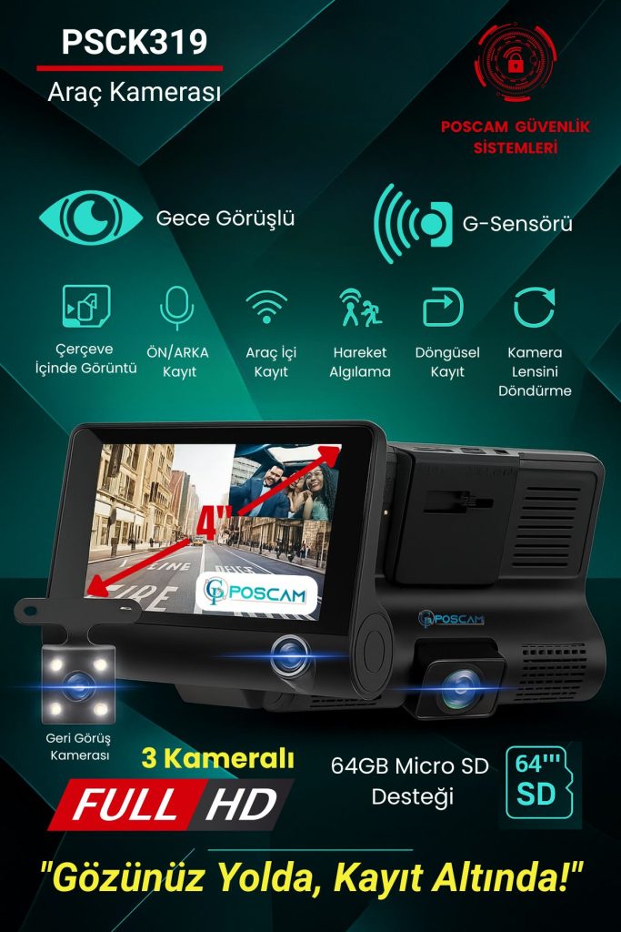 PSCK319 Monitörlü 3 Kameralı Full HD Araç Kamerası poscam.com.tr