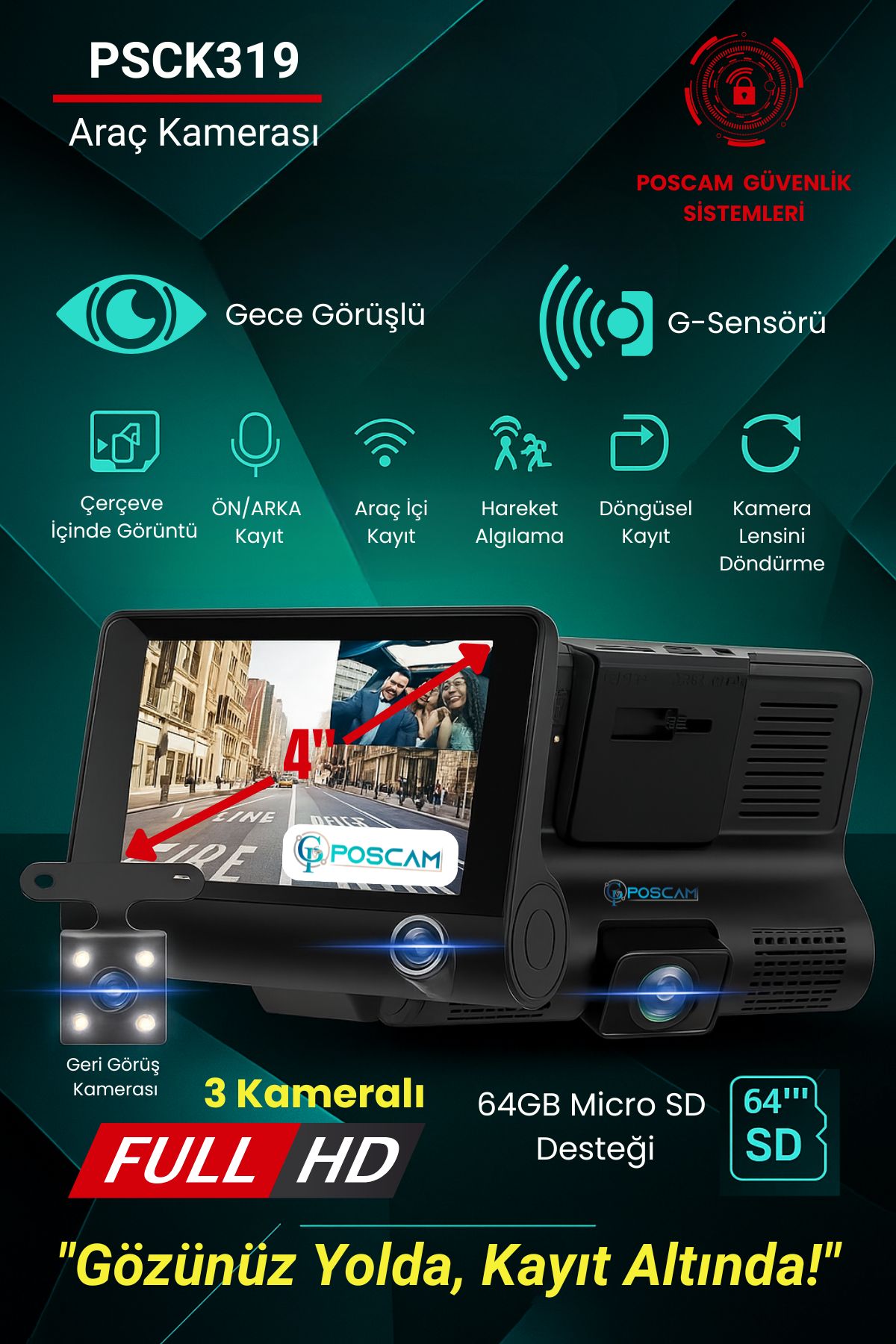 PSCK319 Monitörlü 3 Kameralı Full HD Araç Kamerası poscam.com.tr