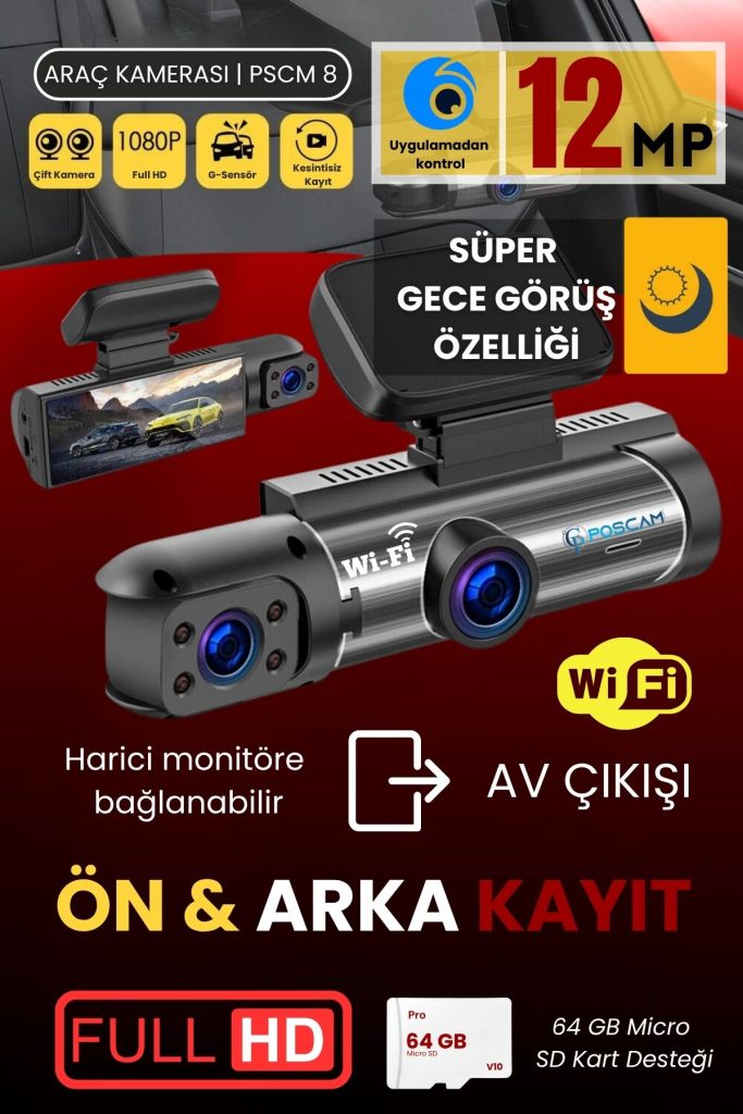 PSCM8 2 Kameralı Full HD Wifi Araç Kamerası poscam.com.tr