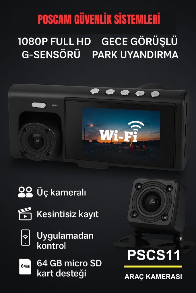 PSCS11 3 Kameralı Wifili Full HD Araç Kamerası poscam.com.tr